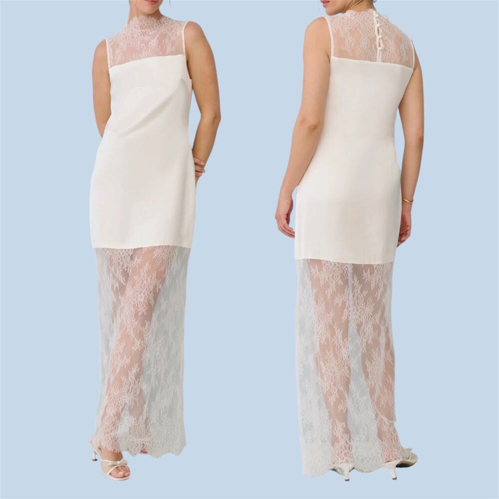 Few Moda x LWL Kylie Dress Ivory Satin Slip Lace Overlay Maxi 6 Small Coquette